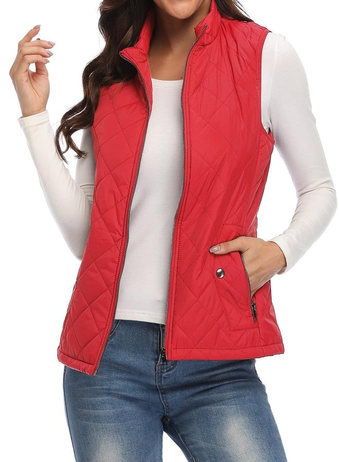 Argstar Puffer Red Vest for Women, Stand Collar Lightweight Zip Padded Outerwear Gilet 4 Pockets M - Image 2